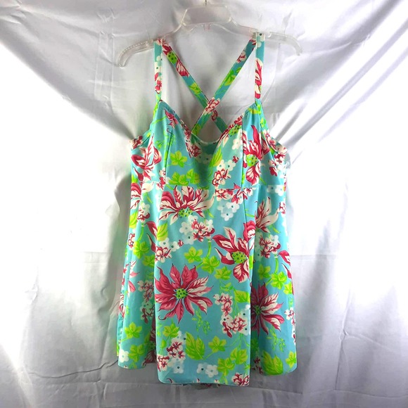 Modest Sizzle Beach Light Blue floral Swim Dress built in bra X back straps 18 - Picture 1 of 4
